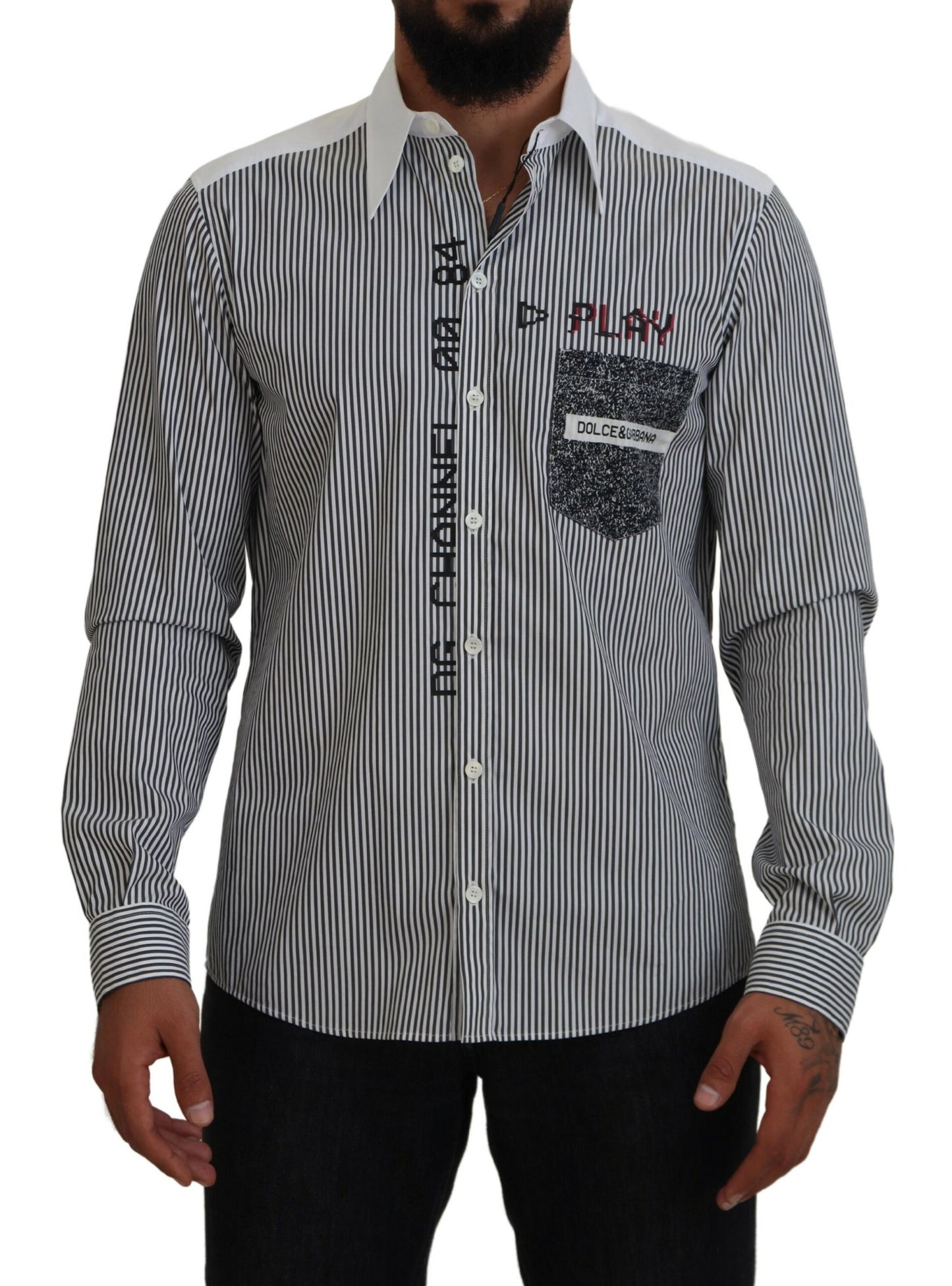 Camicia in cotone casual stampata a righe bianche nere