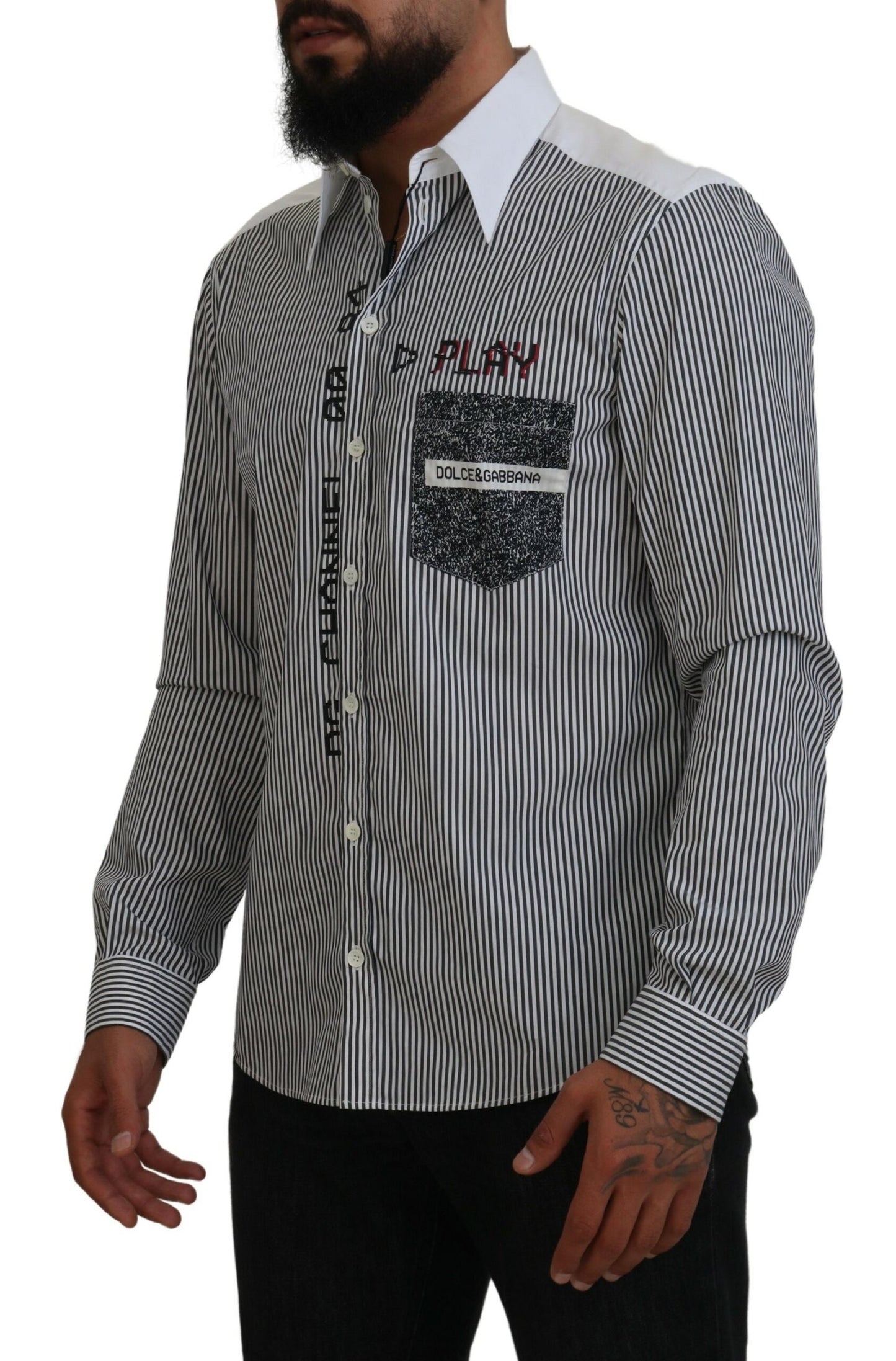 Camicia in cotone casual stampata a righe bianche nere