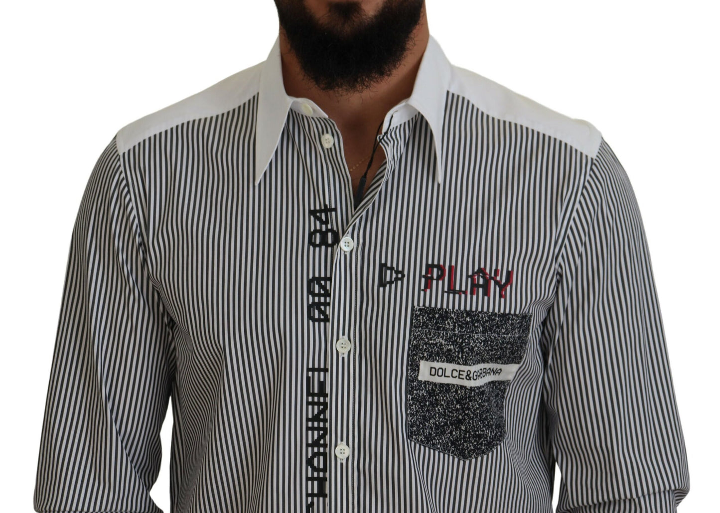 Camicia in cotone casual stampata a righe bianche nere