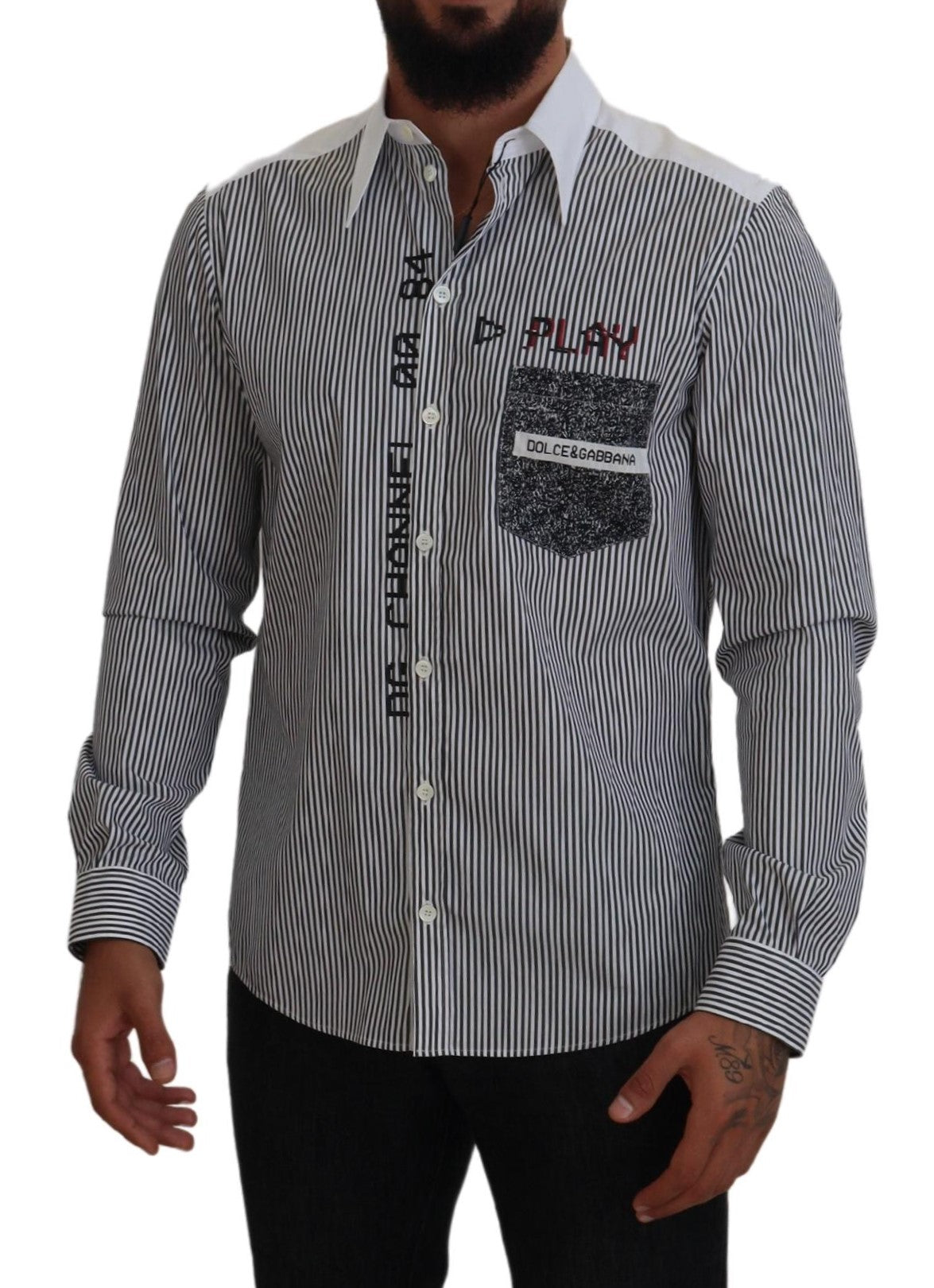 Camicia in cotone casual stampata a righe bianche nere