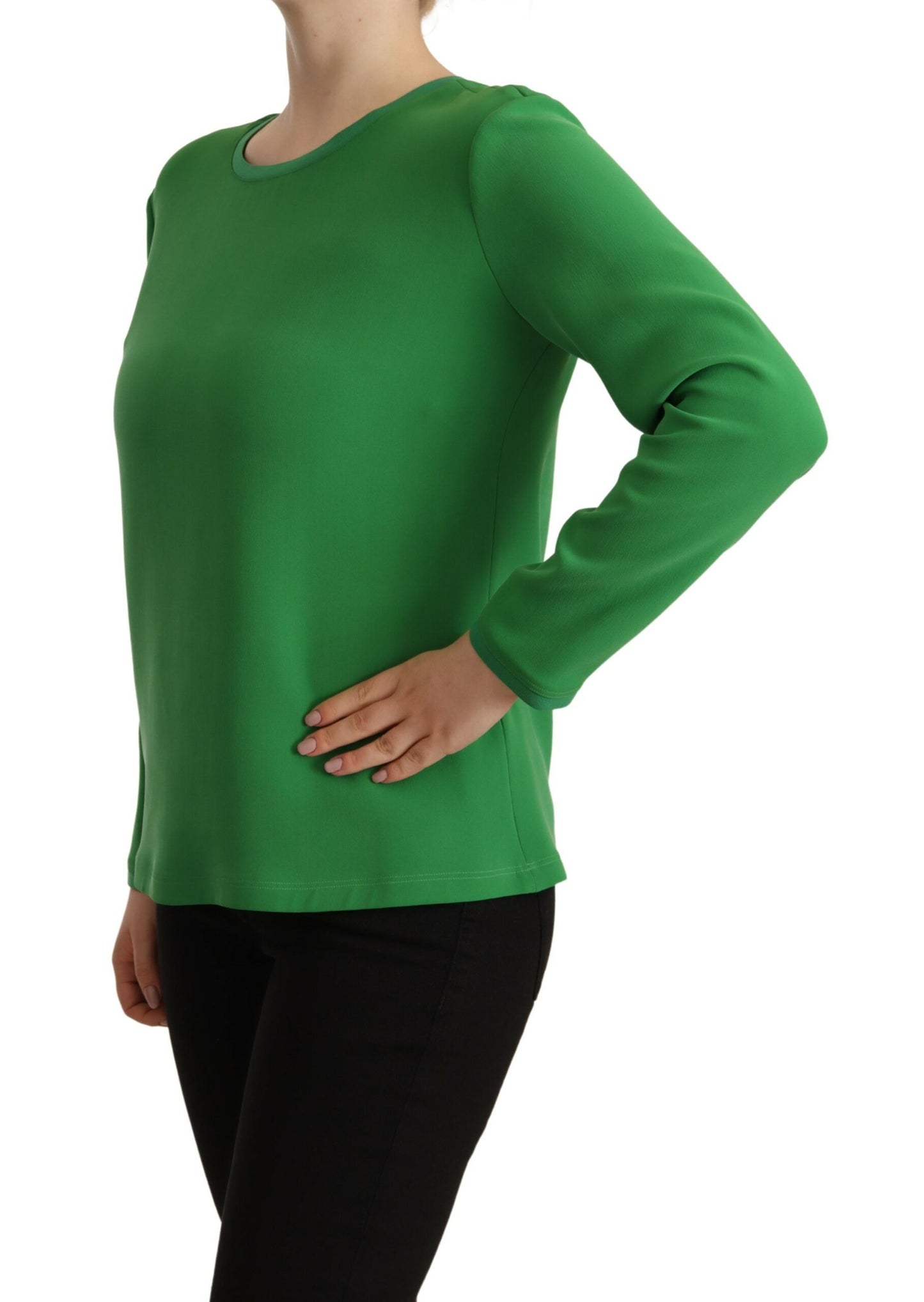 Jersey de cuello redondo de manga larga de seda verde