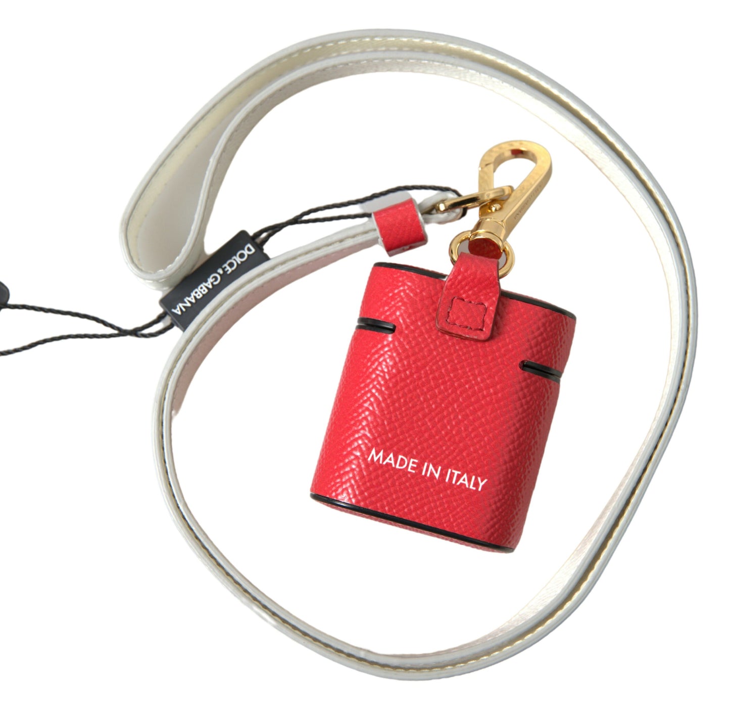 Estuche para Airpods con estampado de logo de metal en tono dorado y cuero rojo