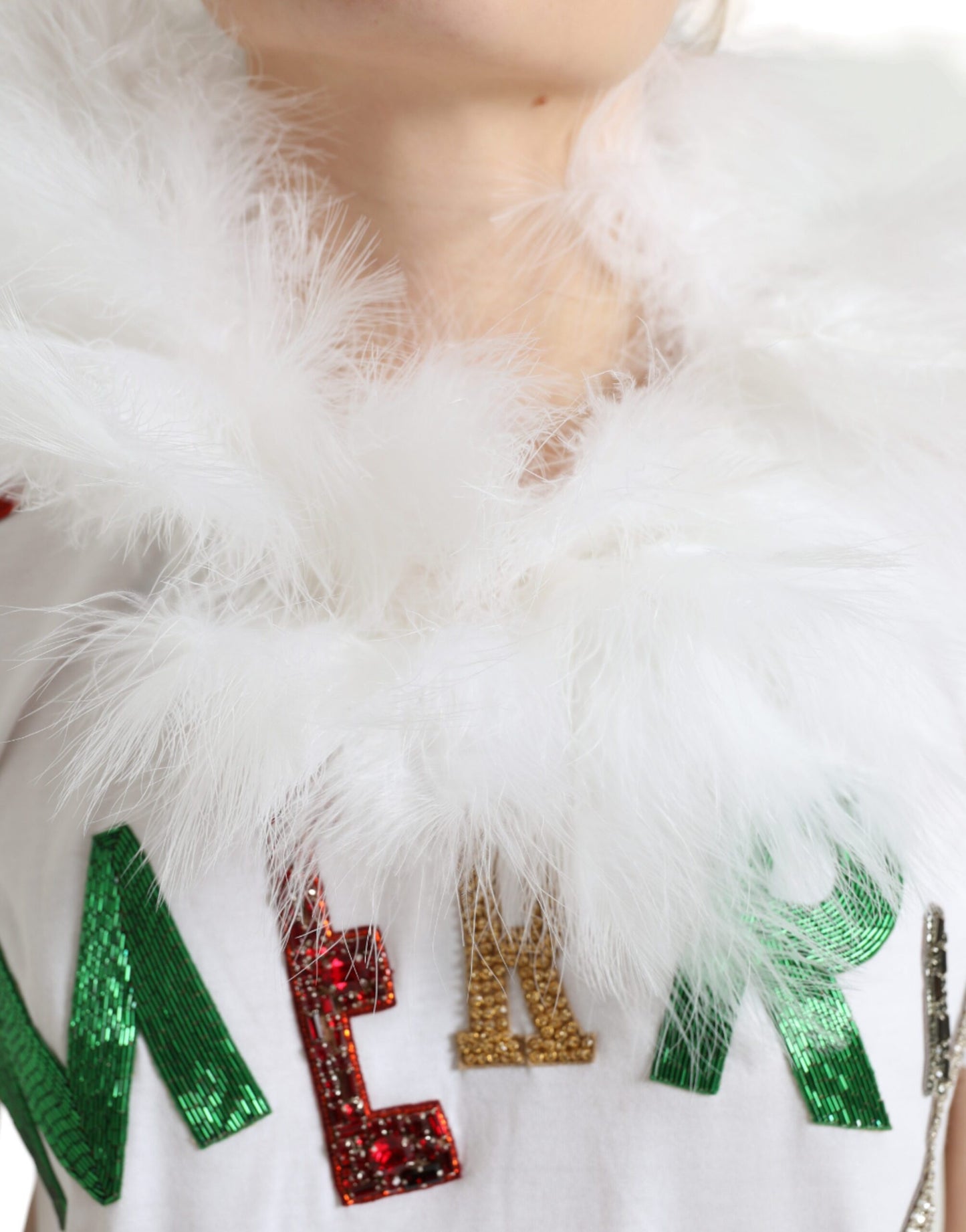 Camiseta blanca de piel con lentejuelas navideñas de algodón