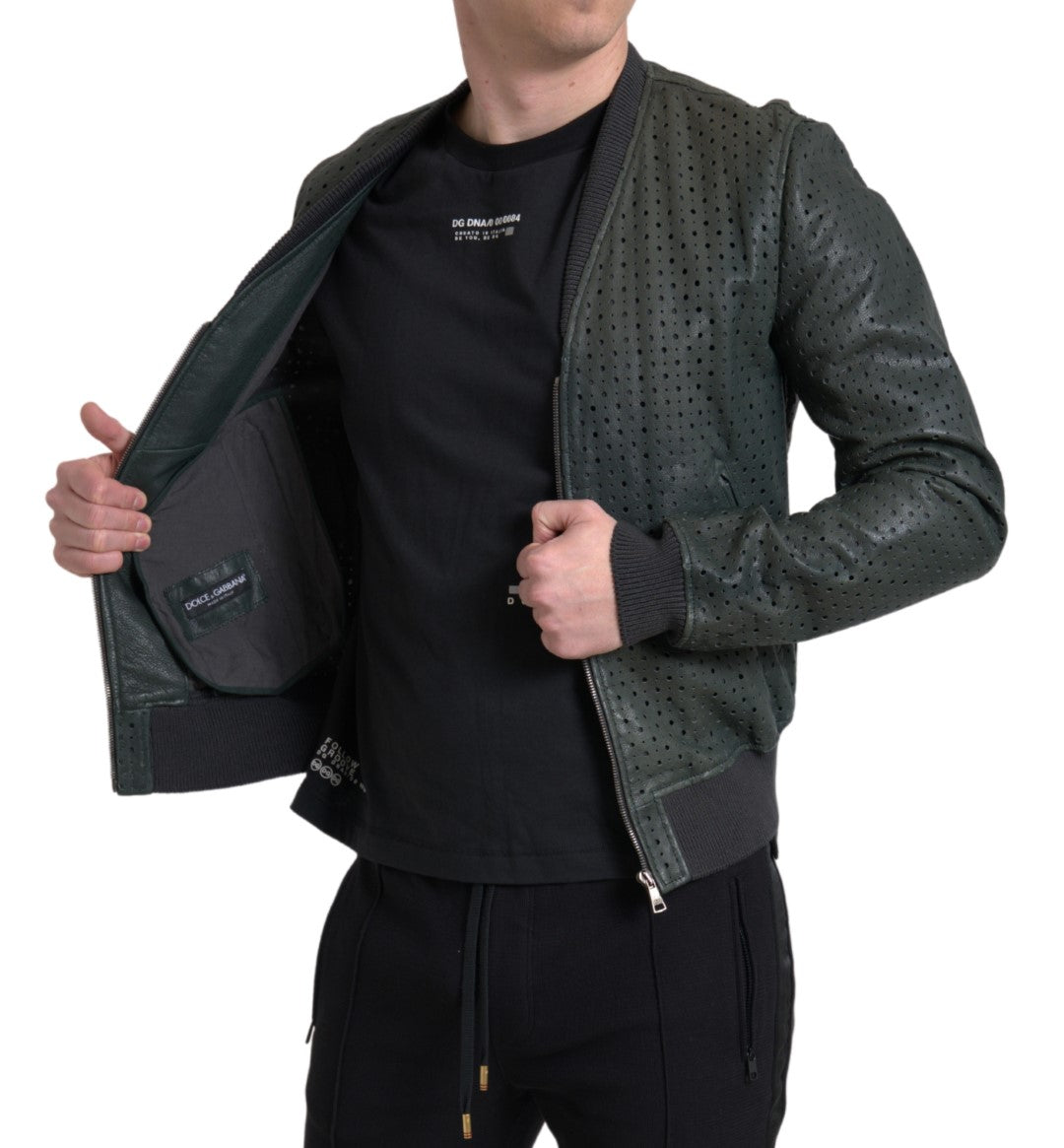 Giubbotto bomber in pelle traforata verde