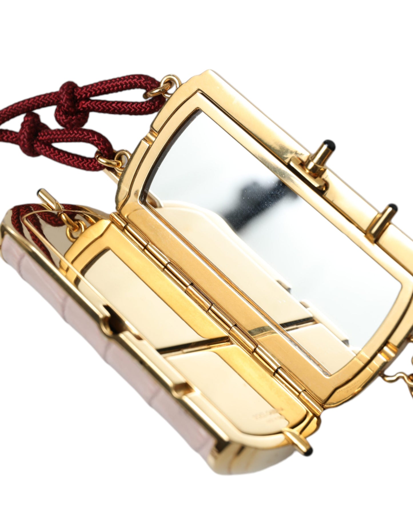 Mini borsa per il trucco con nappa a specchio in pelle esotica rosa