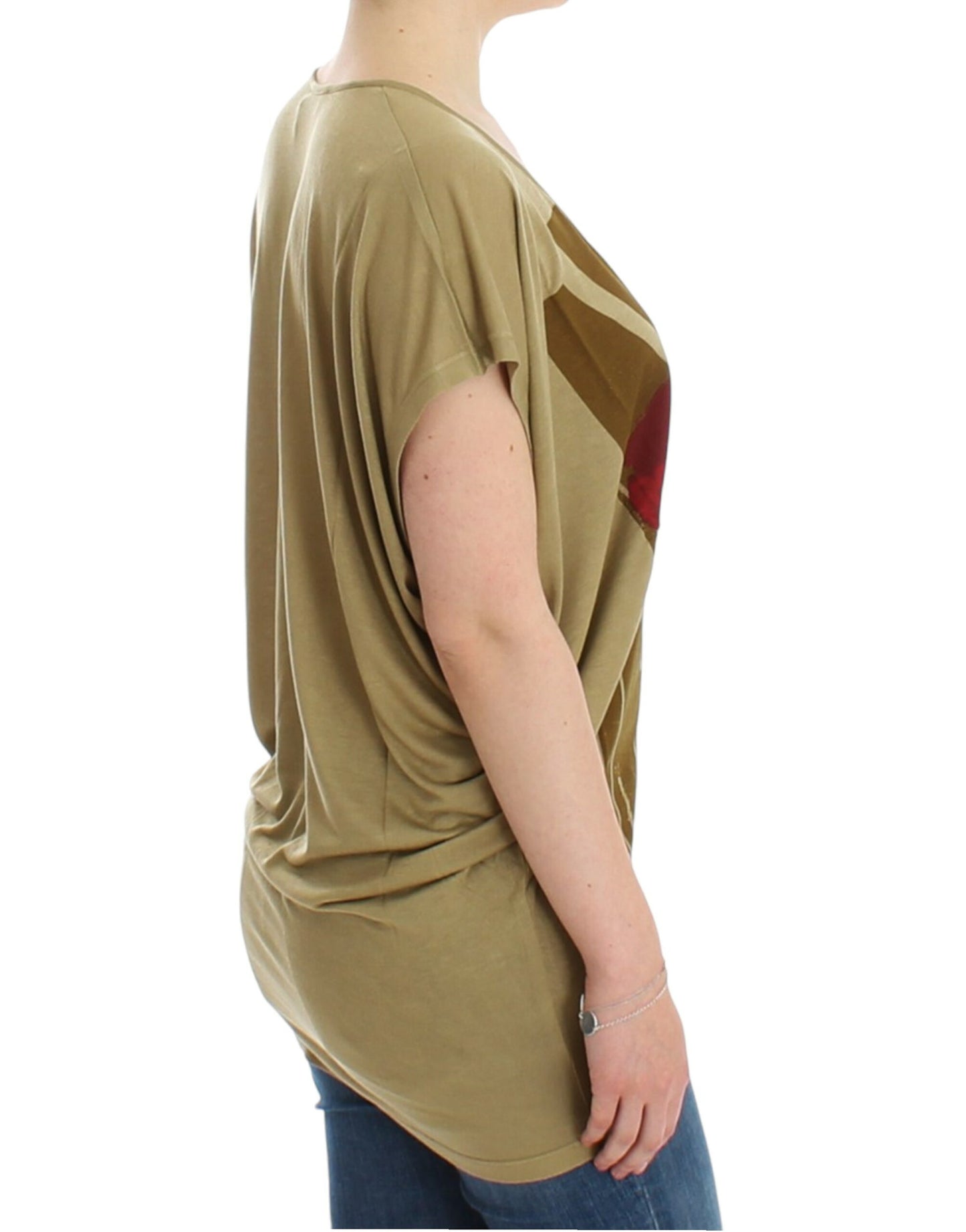 Costume National Chic Grüner Mehrfarbiger Druck V-Ausschnitt T-Shirt