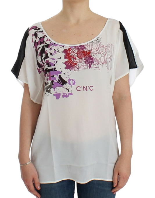 Costume National Chic Weiß V-Ausschnitt Motivdruck T-Shirt