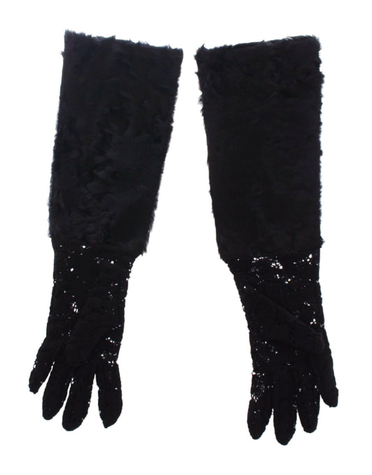 Gants en laine noire, dentelle et fourrure d'agneau Dolce & Gabbana