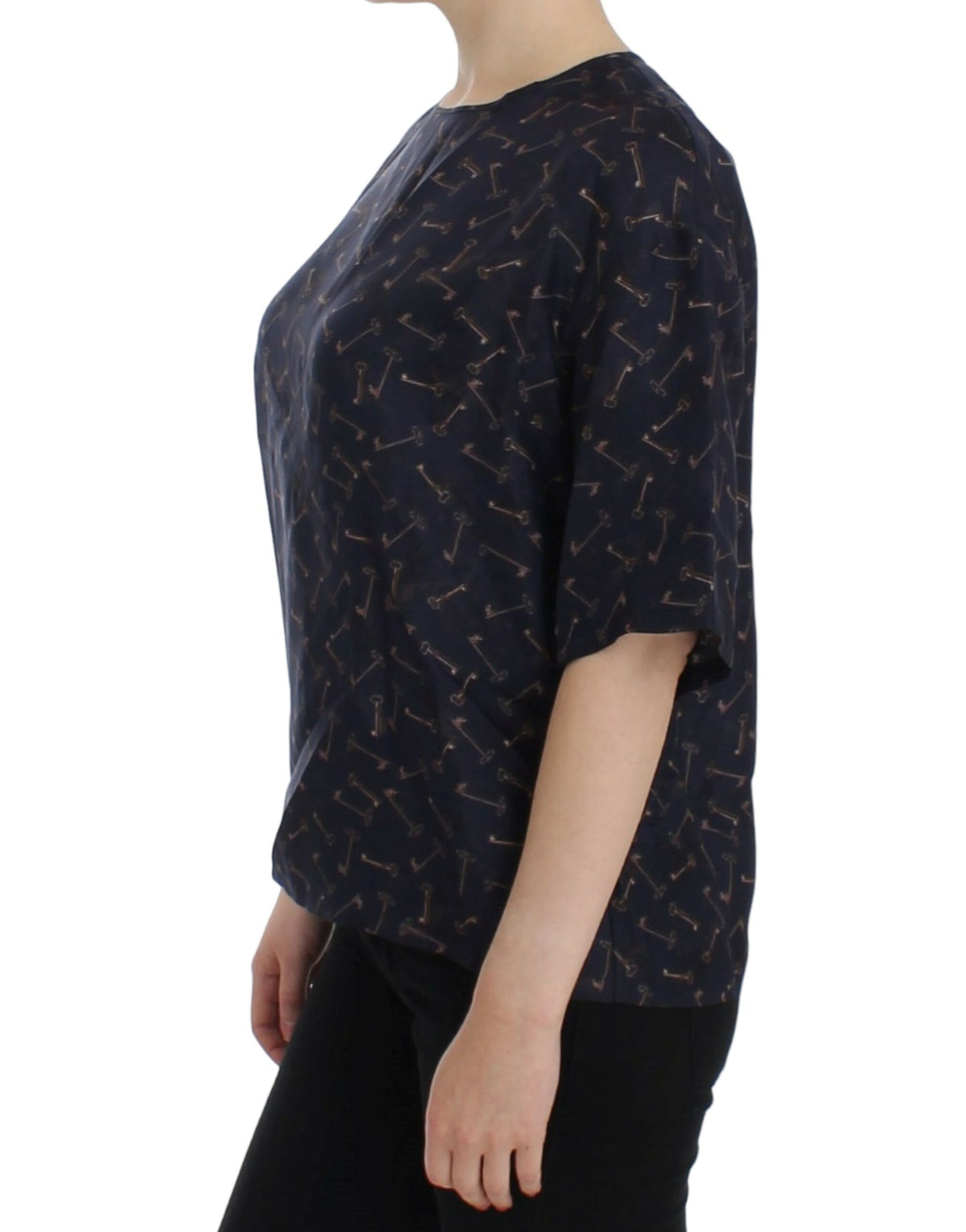 Blusa in seta con stampa chiavi blu oro