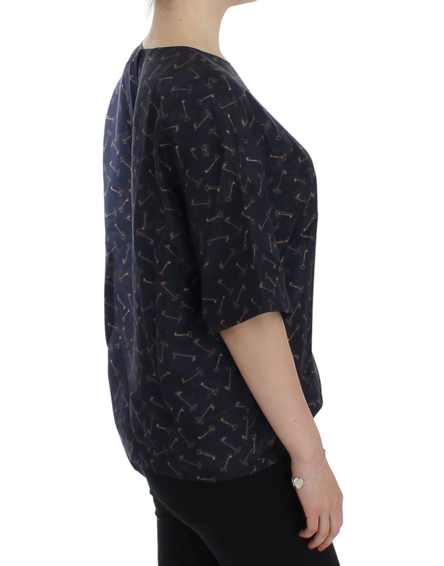 Blusa in seta con stampa chiavi blu oro