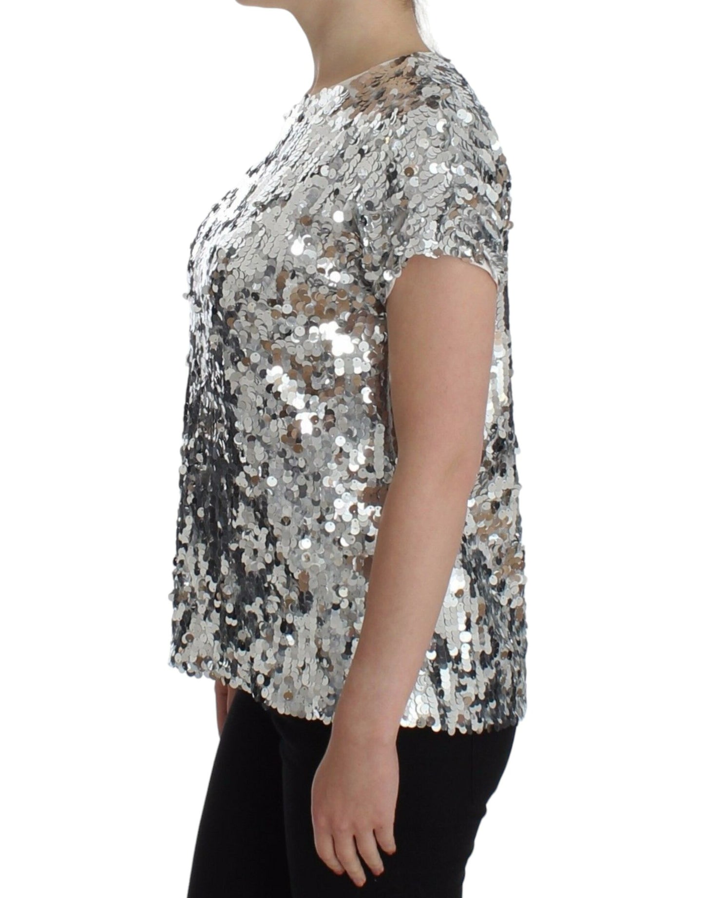 Top t-shirt camicetta girocollo con paillettes argento