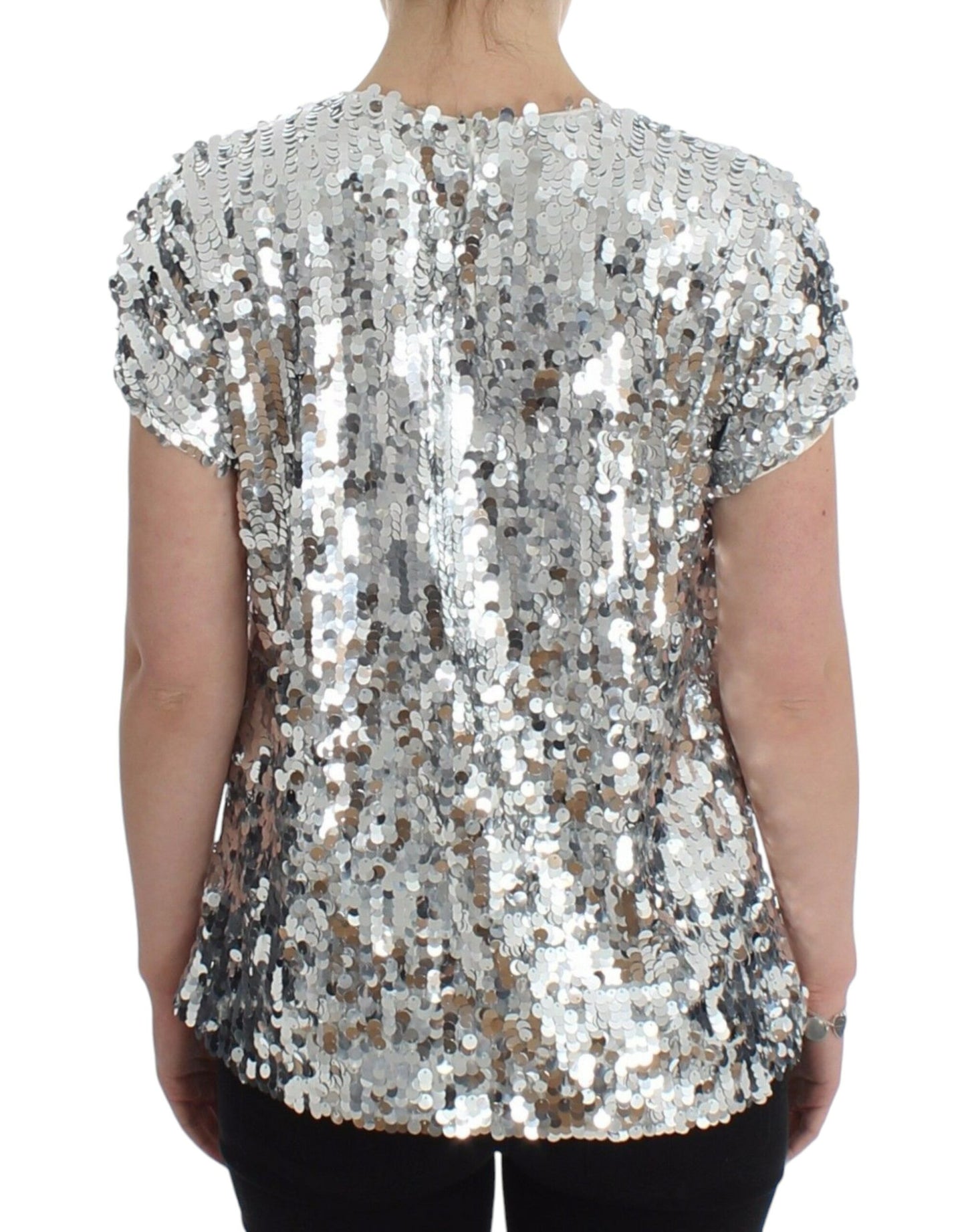 Top t-shirt camicetta girocollo con paillettes argento