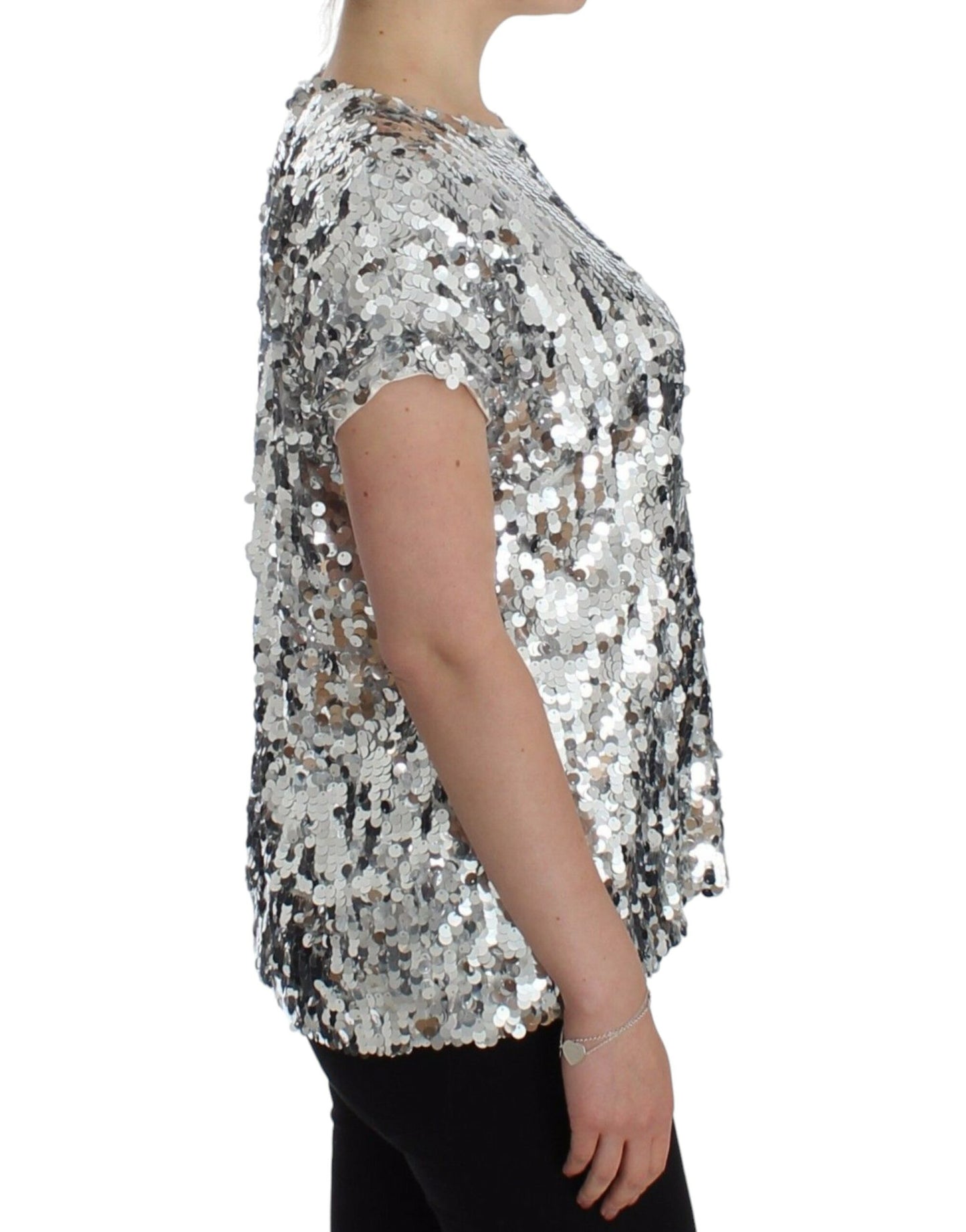 Top t-shirt camicetta girocollo con paillettes argento