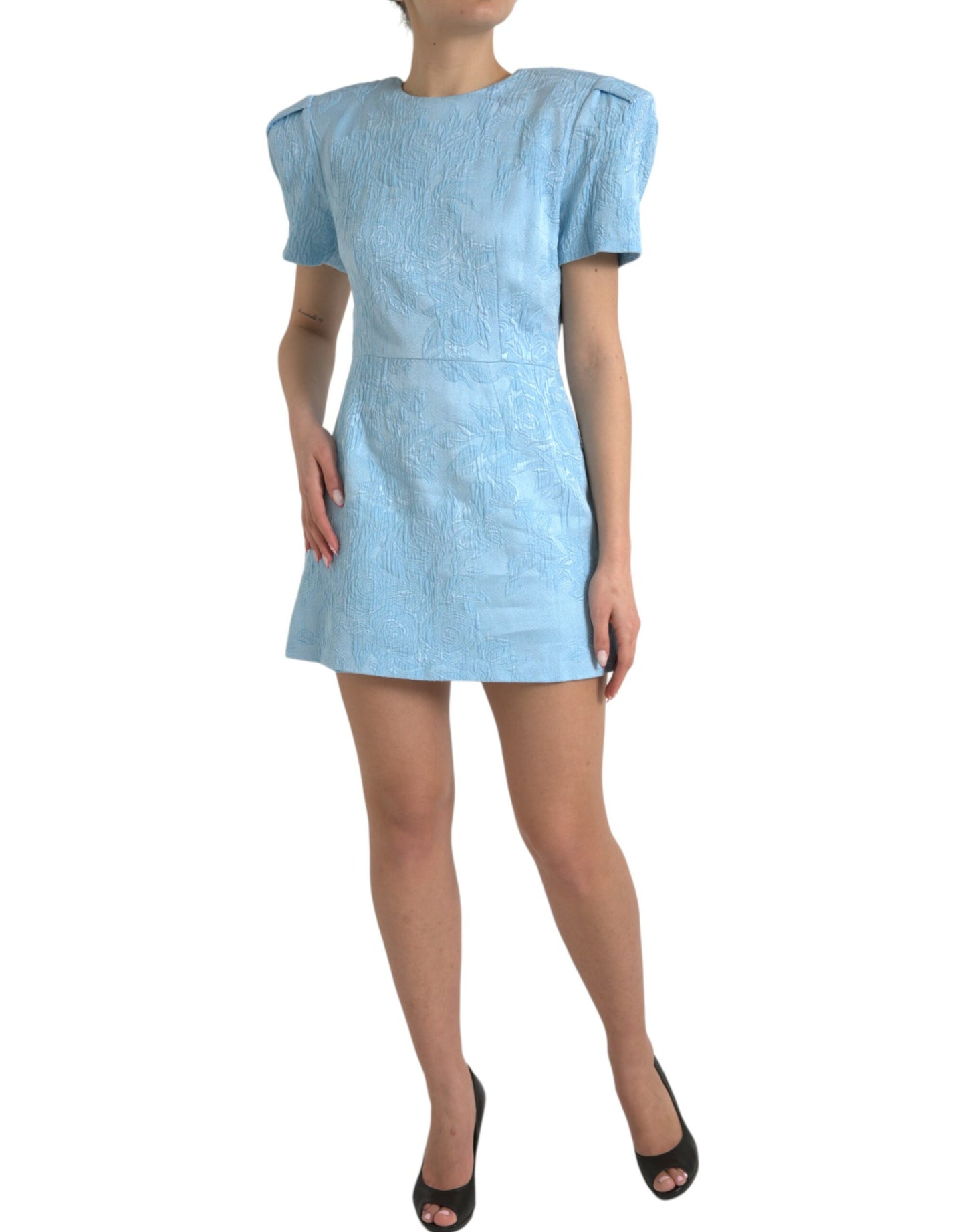 Dolce & Gabbana Elegantes himmelblaues Jacquard-Minikleid mit Blumenmuster