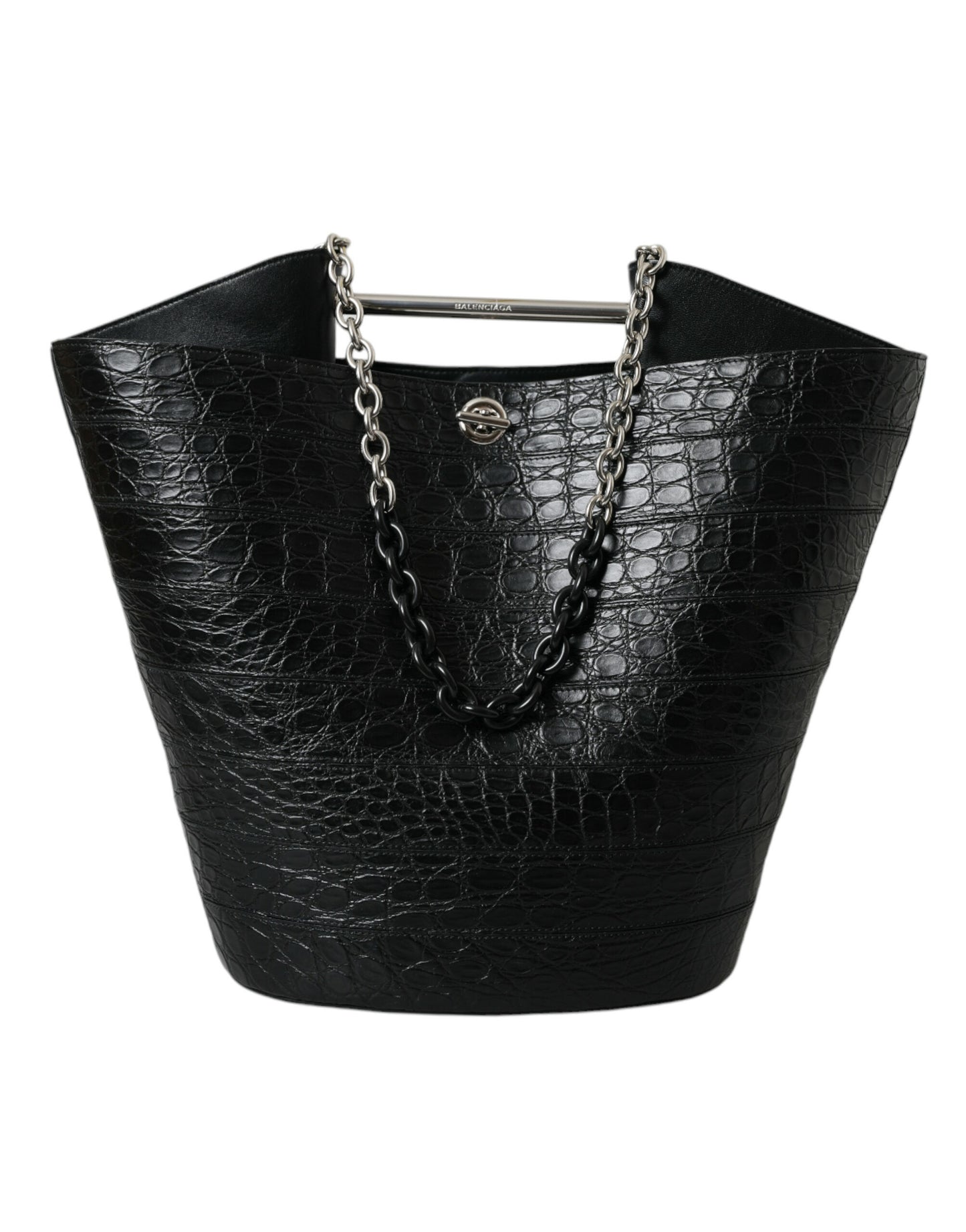 Sac Maxi seau en cuir crocodile noir élégant Balenciaga