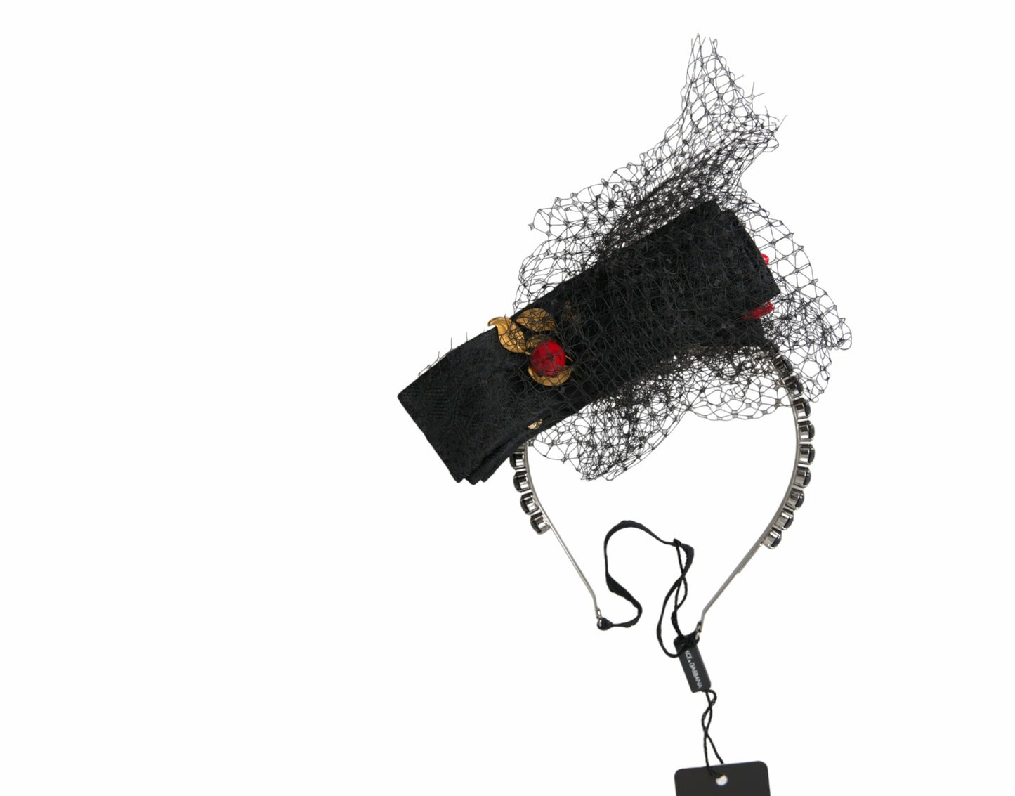 Dolce & Gabbana Schwarzes Erdbeer-Sizilien-Stirnband-Diadem aus Kristallnetz
