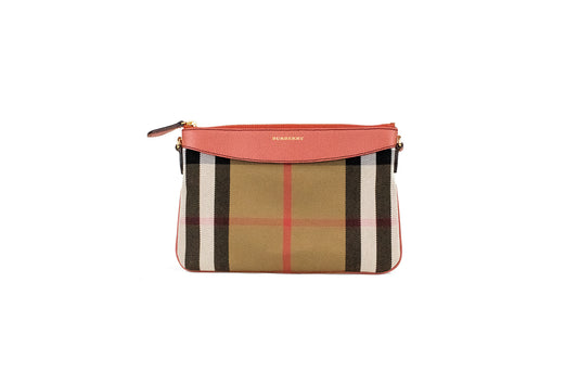 Borsa a tracolla Burberry Peyton House Check Derby in pelle grain rossa cannella
