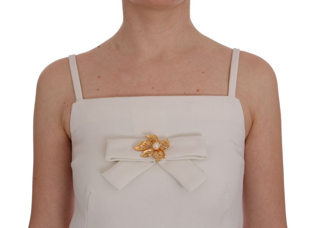 Dolce & Gabbana Elegantes Weißes Wollkleid mit Goldbrosche