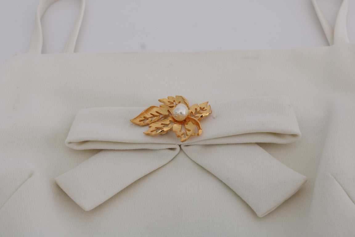 Dolce & Gabbana Elegantes Weißes Wollkleid mit Goldbrosche
