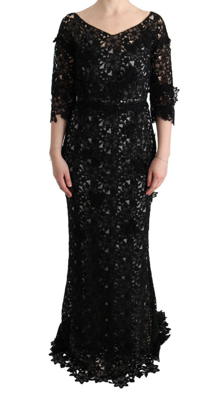 Vestido largo floral de seda y algodón negro