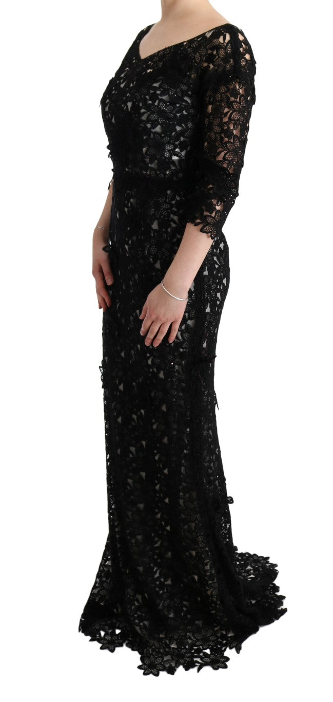 Vestido largo floral de seda y algodón negro