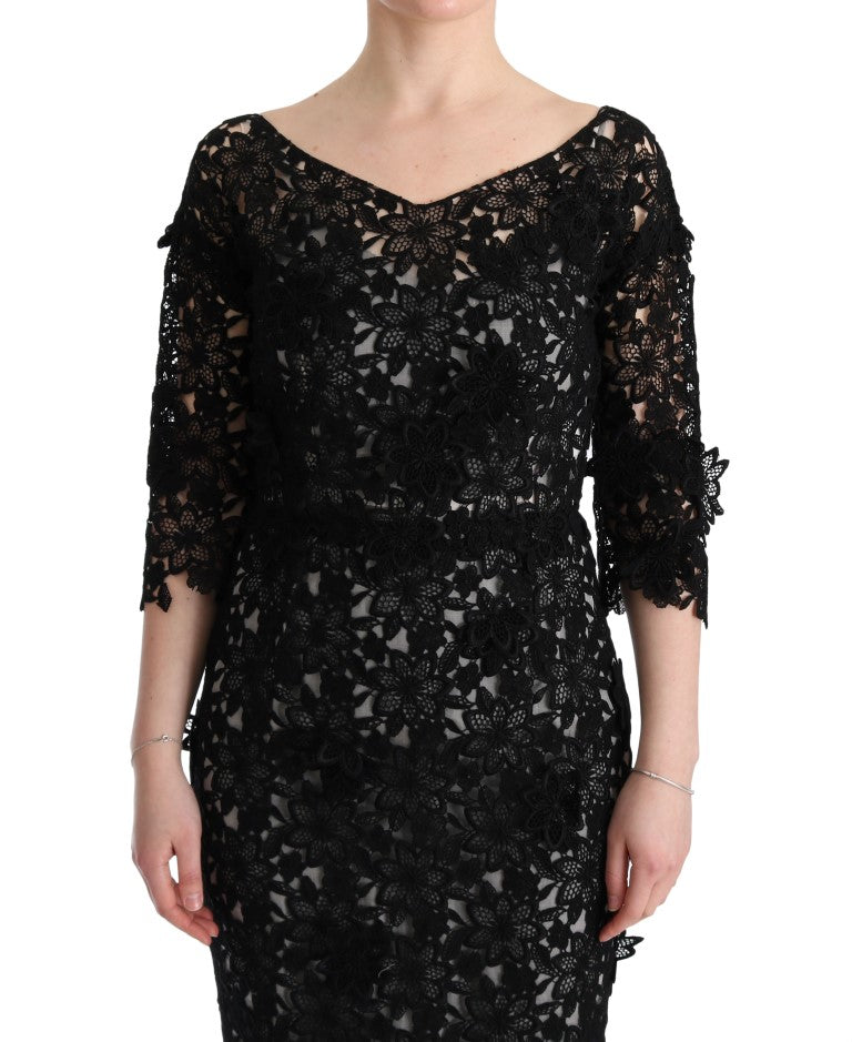 Vestido largo floral de seda y algodón negro