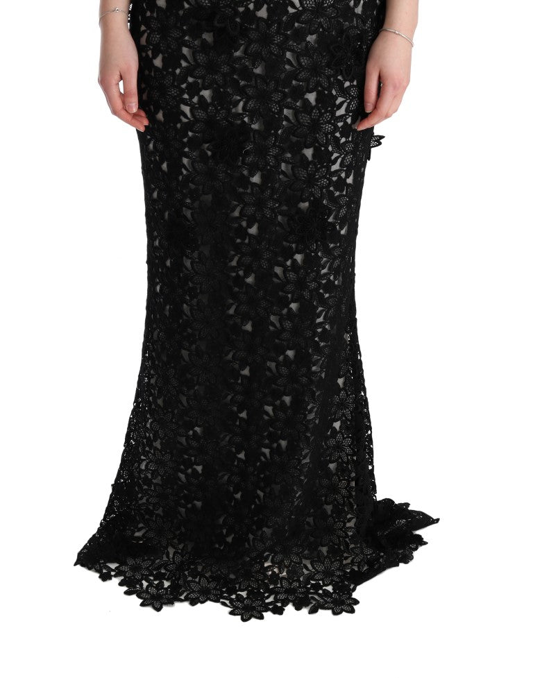 Vestido largo floral de seda y algodón negro
