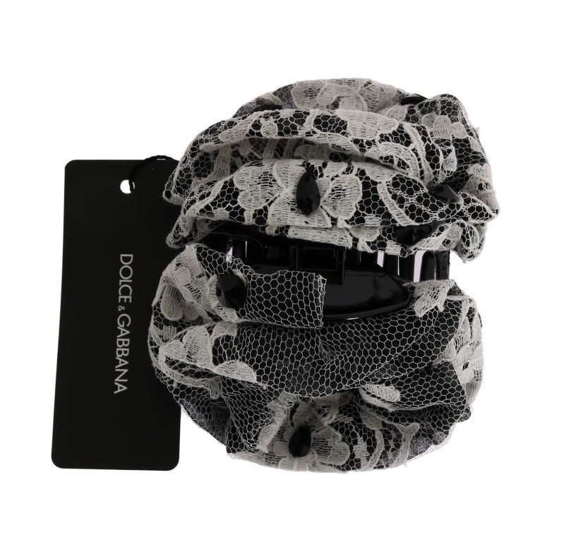 Dolce & Gabbana Elegante Schwarz-Weiße Blumen Spitze Kristall Haarklammer