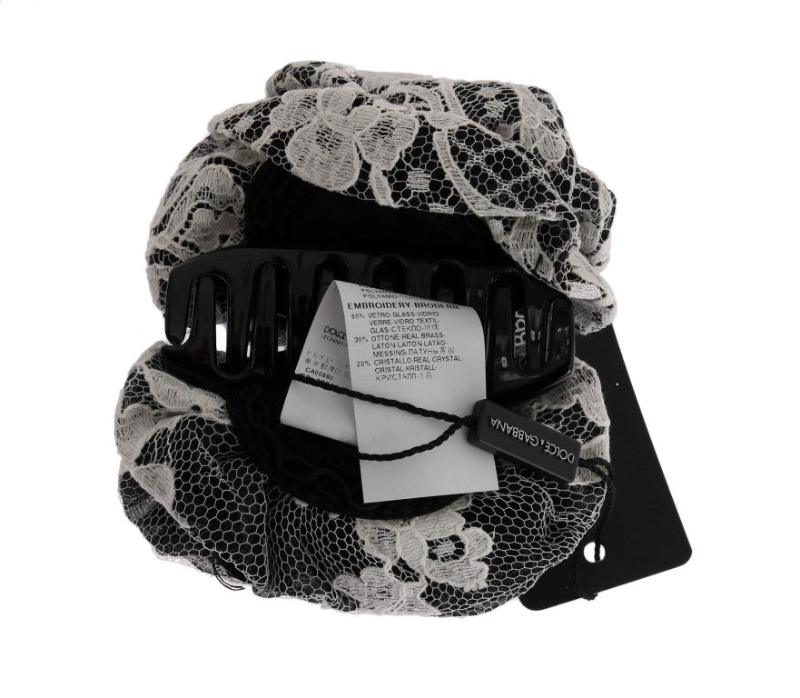 Dolce & Gabbana Elegante Schwarz-Weiße Blumen Spitze Kristall Haarklammer