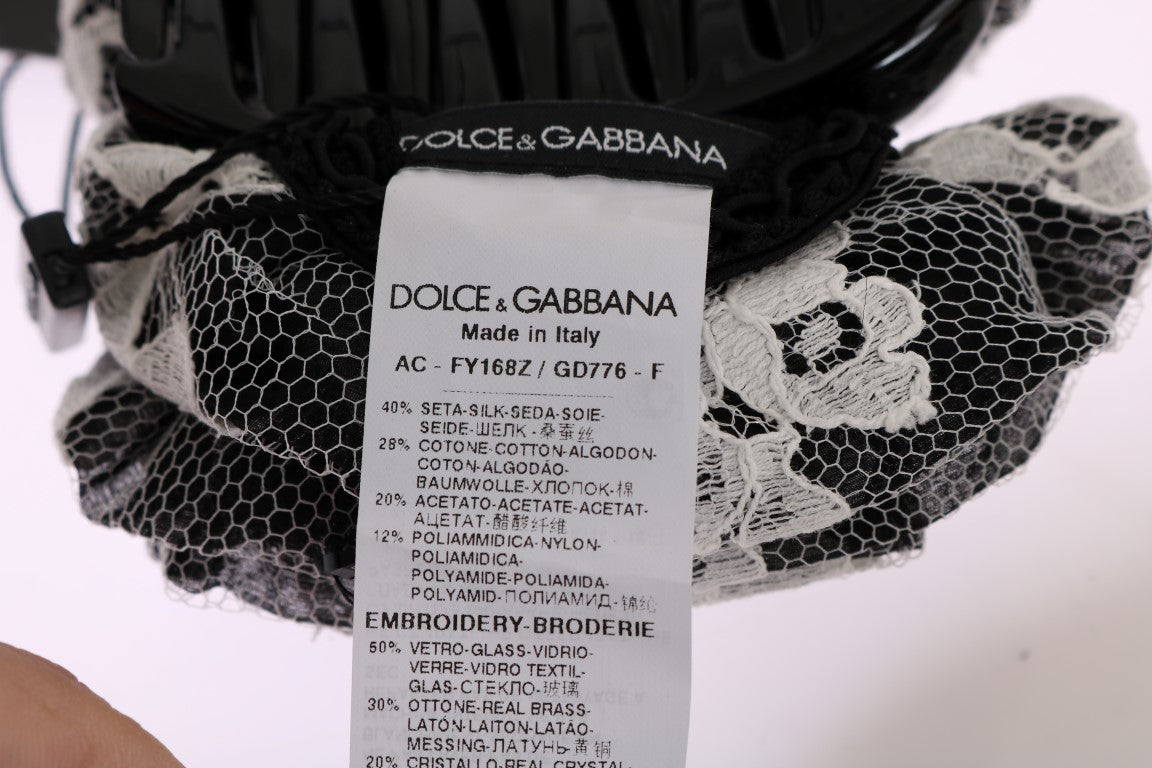 Dolce & Gabbana Elegante Schwarz-Weiße Blumen Spitze Kristall Haarklammer