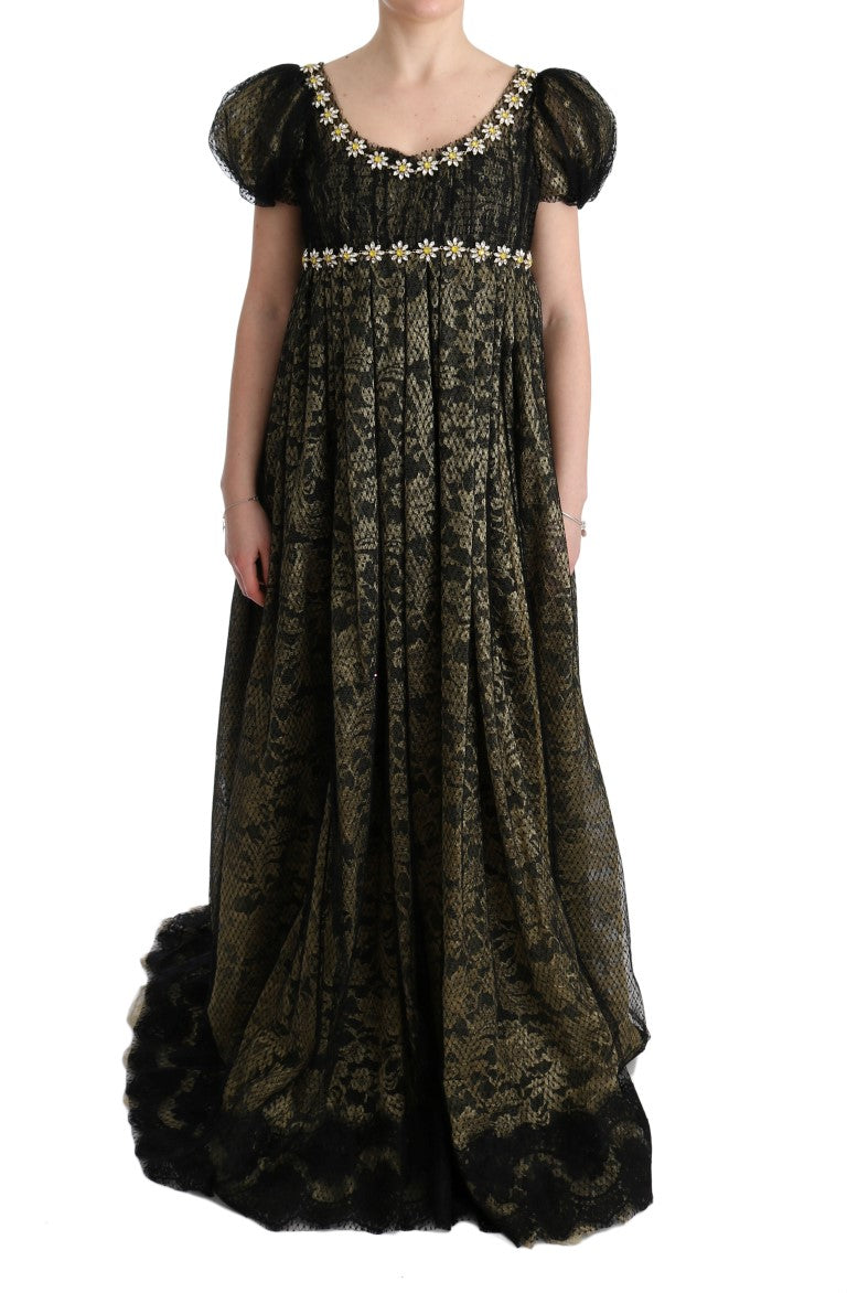 Vestido recto de encaje con cristales amarillo negro