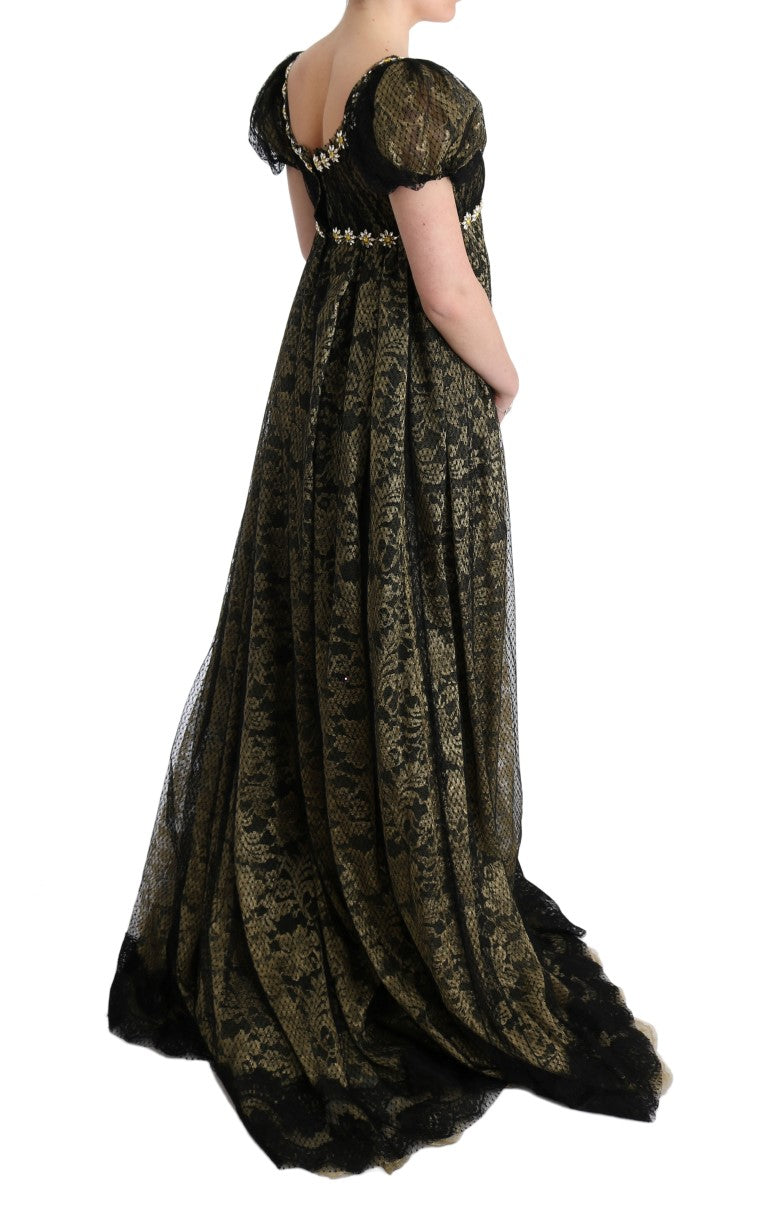 Vestido recto de encaje con cristales amarillo negro