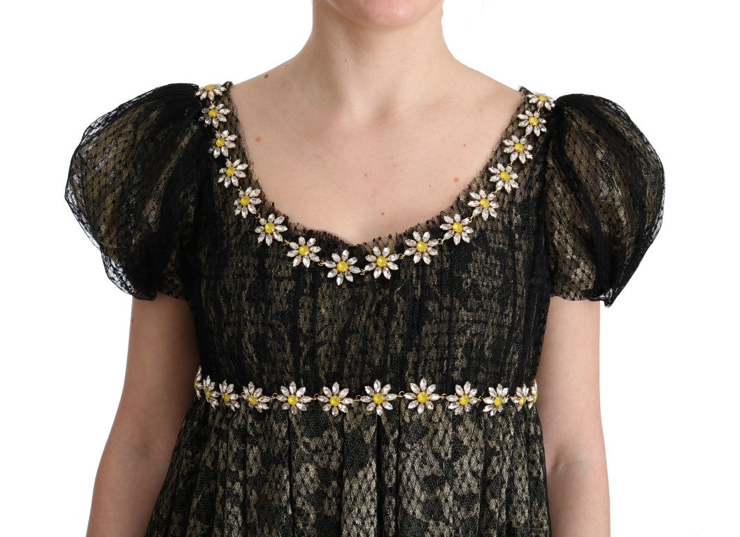 Vestido recto de encaje con cristales amarillo negro
