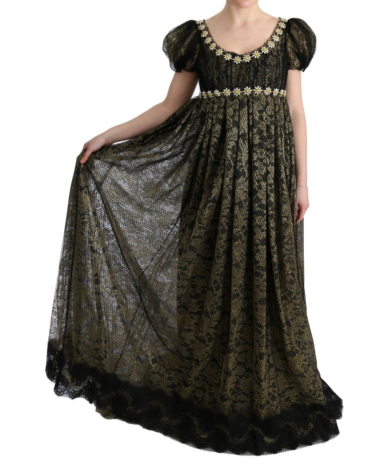 Vestido recto de encaje con cristales amarillo negro