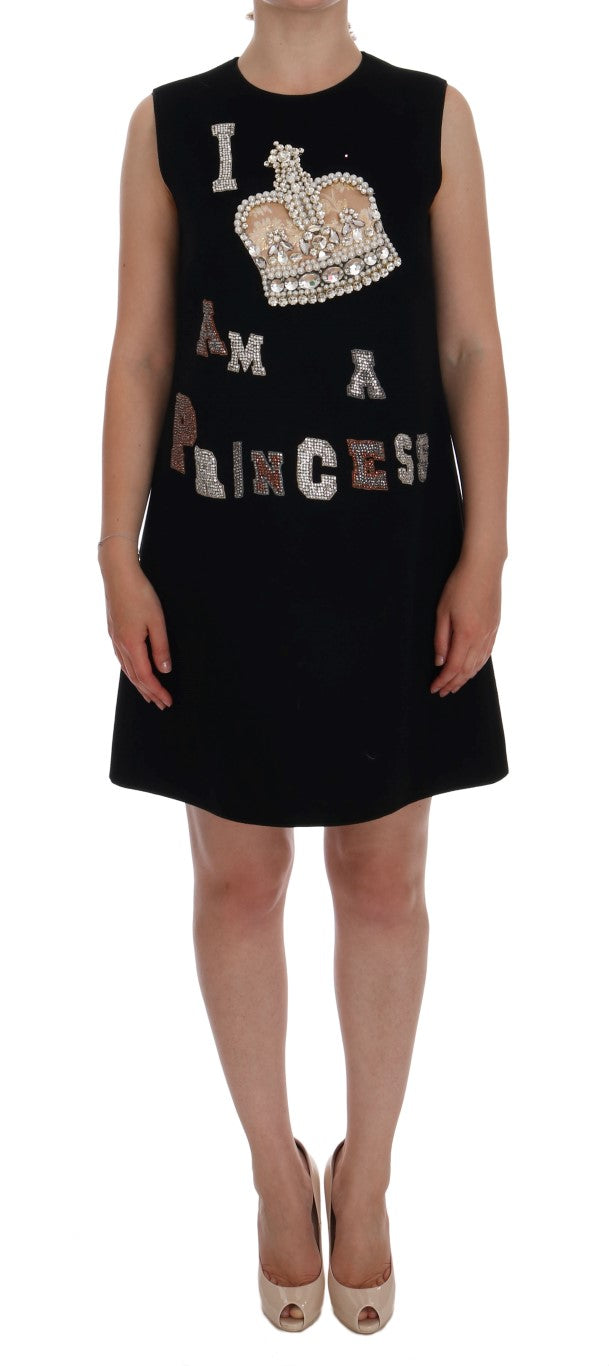 Dolce & Gabbana Schwarzes Woll-Kristall-Prinzessinnenkleid