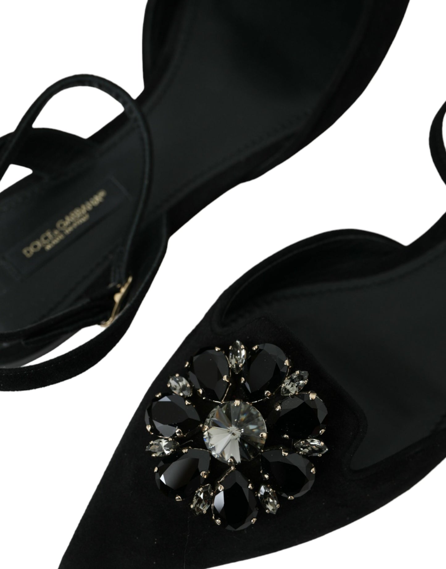 Dolce & Gabbana – Slingback-Sandalen aus schwarzem Leder mit Kristallen