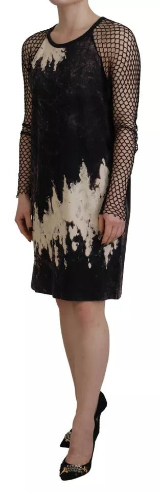 Dsquared² Schwarzes Etuikleid aus Baumwolle mit langen Ärmeln und Batikmuster