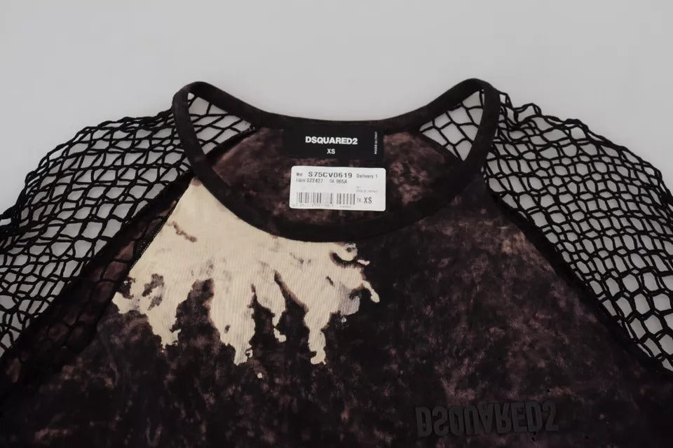 Dsquared² Schwarzes Etuikleid aus Baumwolle mit langen Ärmeln und Batikmuster