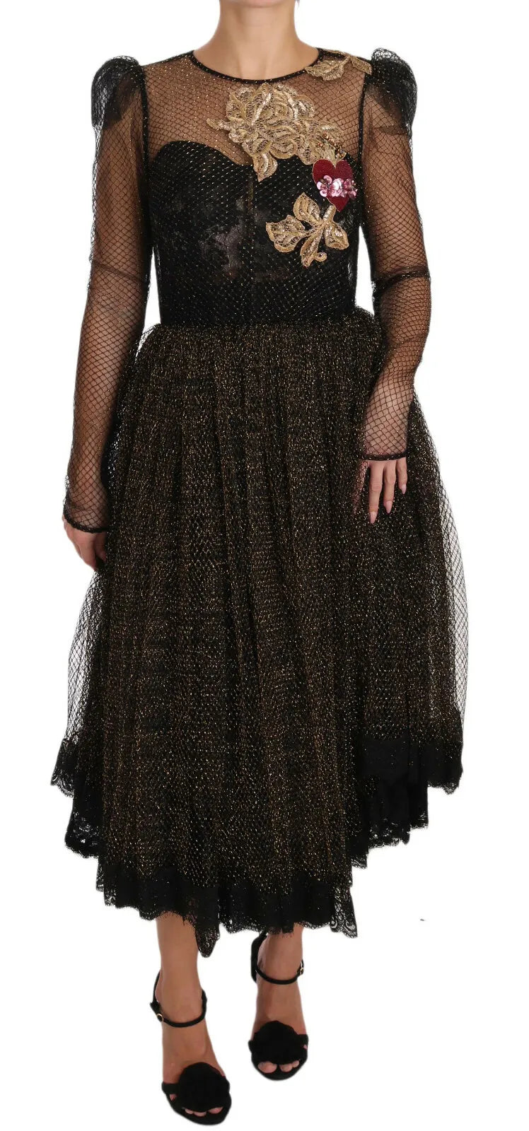 Dolce & Gabbana Schwarzes A-Linien-Kleid mit Kristallherzen und Gold
