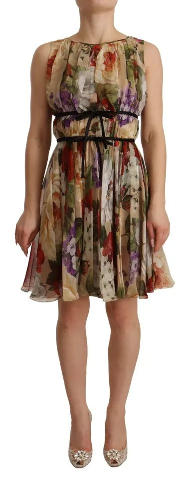 Beiges ärmelloses Minikleid mit Rundhalsausschnitt und Blumenmuster von Dolce & Gabbana