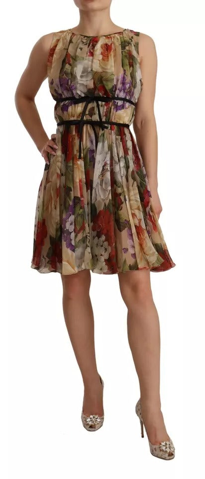 Beiges ärmelloses Minikleid mit Rundhalsausschnitt und Blumenmuster von Dolce & Gabbana