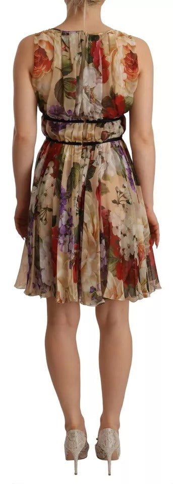 Beiges ärmelloses Minikleid mit Rundhalsausschnitt und Blumenmuster von Dolce & Gabbana
