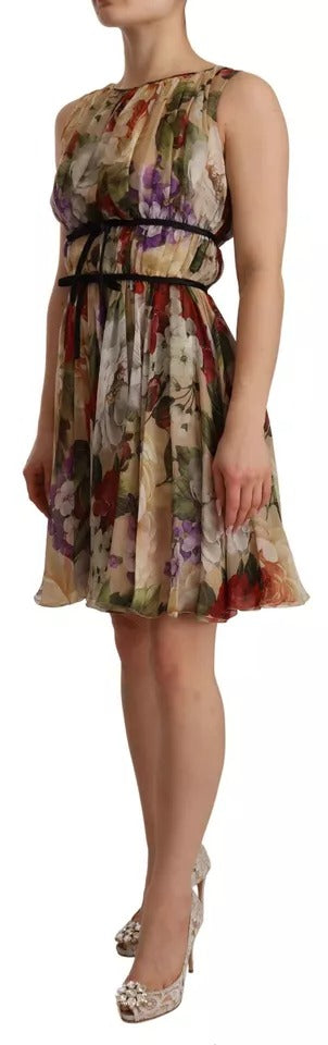 Beiges ärmelloses Minikleid mit Rundhalsausschnitt und Blumenmuster von Dolce & Gabbana