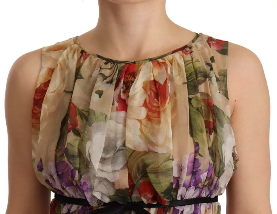 Beiges ärmelloses Minikleid mit Rundhalsausschnitt und Blumenmuster von Dolce & Gabbana