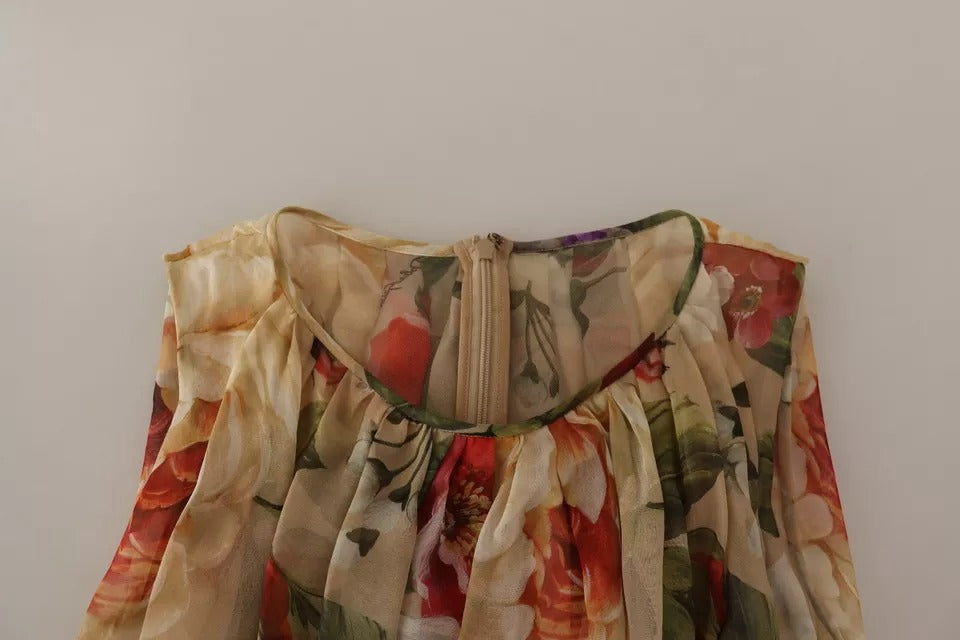 Beiges ärmelloses Minikleid mit Rundhalsausschnitt und Blumenmuster von Dolce & Gabbana