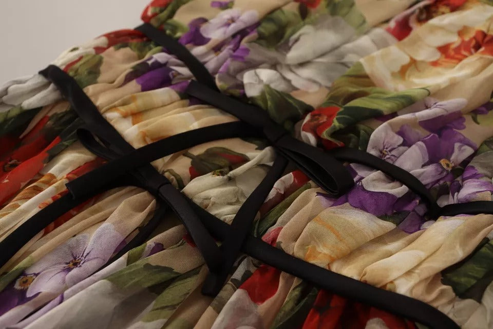 Beiges ärmelloses Minikleid mit Rundhalsausschnitt und Blumenmuster von Dolce & Gabbana