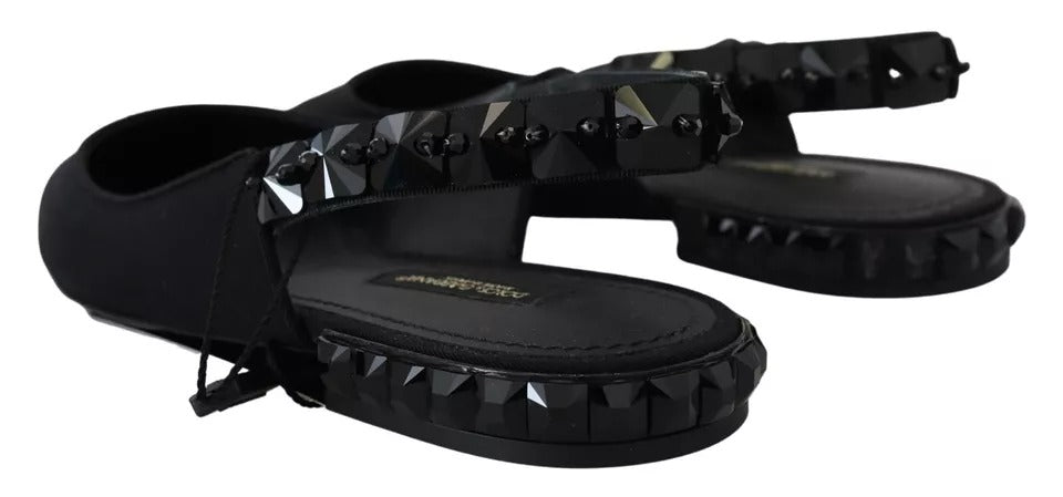Dolce & Gabbana – Schwarze flache Schuhe mit Slingback-Charmeuse und Kristallen