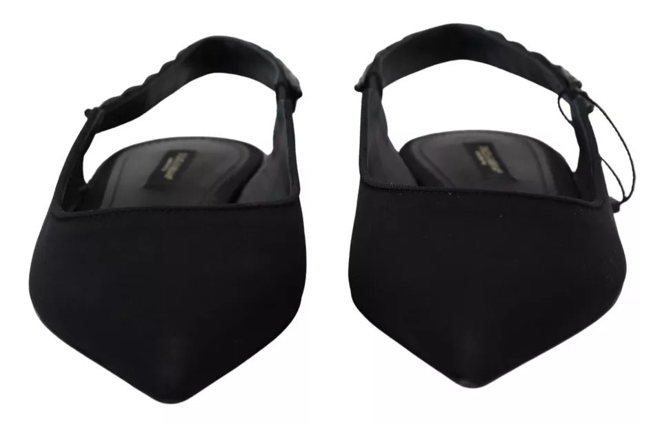 Dolce & Gabbana – Schwarze flache Schuhe mit Slingback-Charmeuse und Kristallen