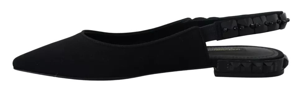 Dolce & Gabbana – Schwarze flache Schuhe mit Slingback-Charmeuse und Kristallen