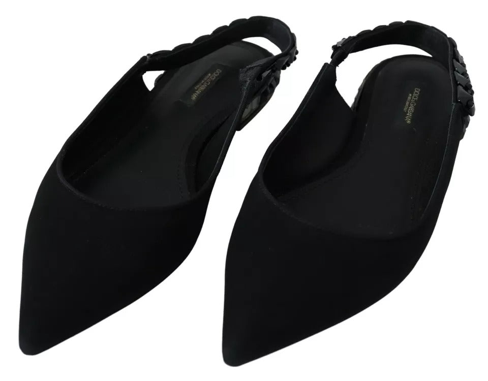 Dolce & Gabbana – Schwarze flache Schuhe mit Slingback-Charmeuse und Kristallen